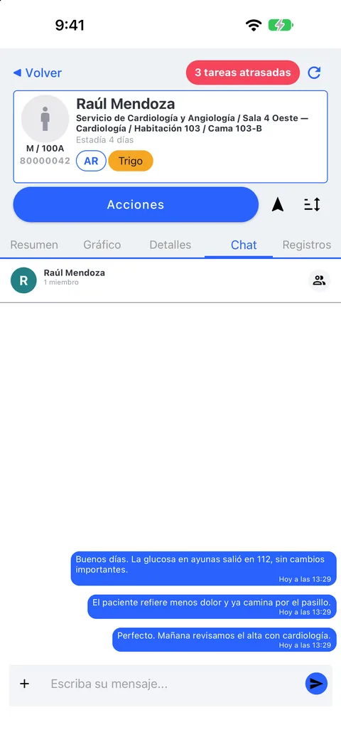 Chat sobre el paciente, dentro del expediente