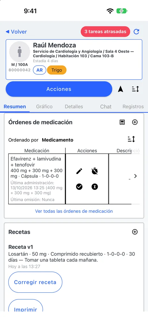 Órdenes de medicamentos y administraciones registradas