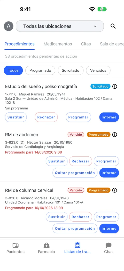 Listas de trabajo: procedimientos solicitados y vencidos