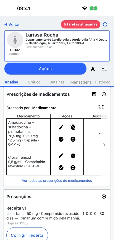 Prescrições de medicamentos e administrações registradas