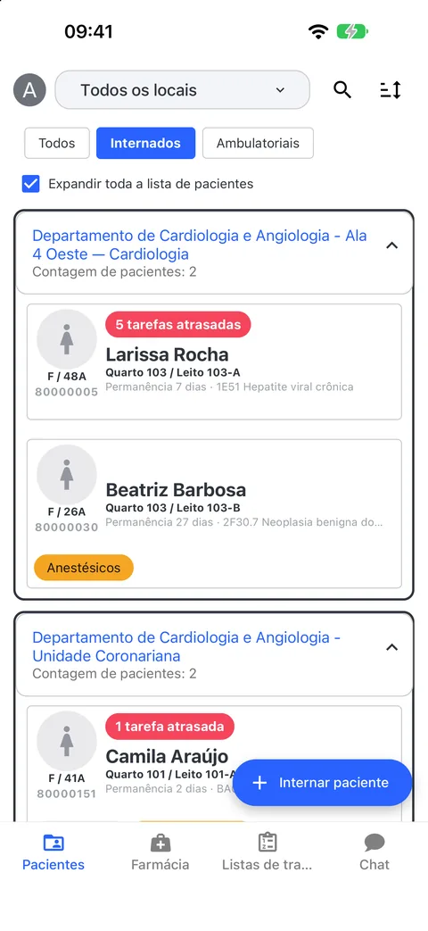 A enfermaria: todos os internados por unidade, com as tarefas atrasadas