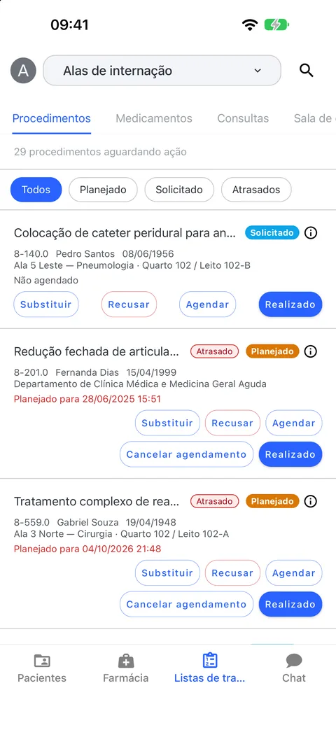 Listas de trabalho: procedimentos solicitados e atrasados