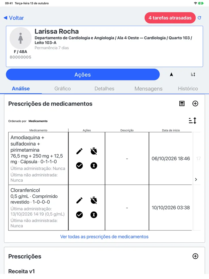Prescrições de medicamentos e administrações registradas