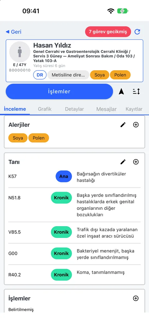 Hasta kaydı: alerjiler, tanılar, işlemler