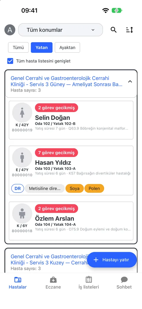 Servis: birimlere göre tüm yatan hastalar ve geciken görevler