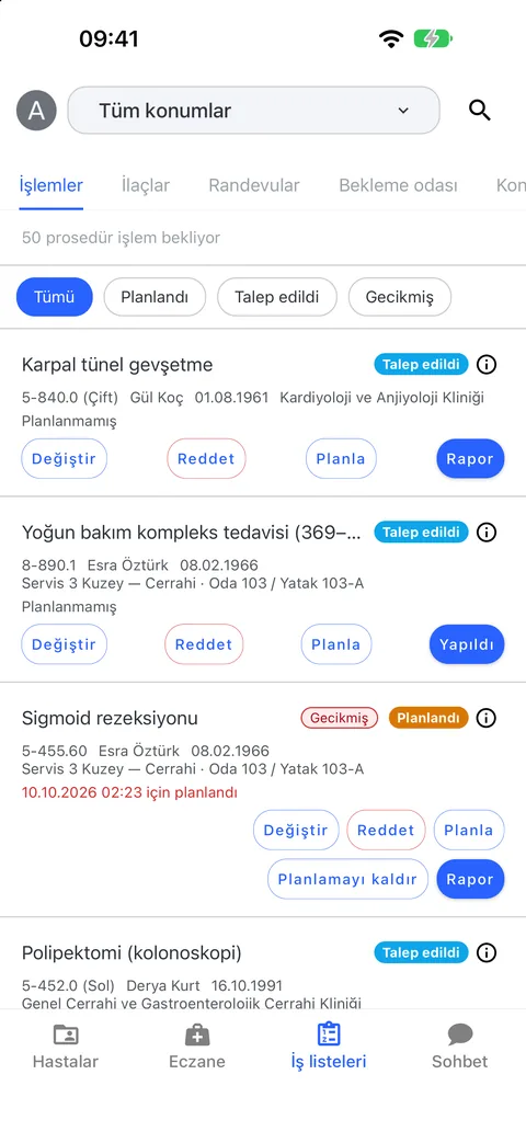 İş listeleri: istenen ve geciken işlemler