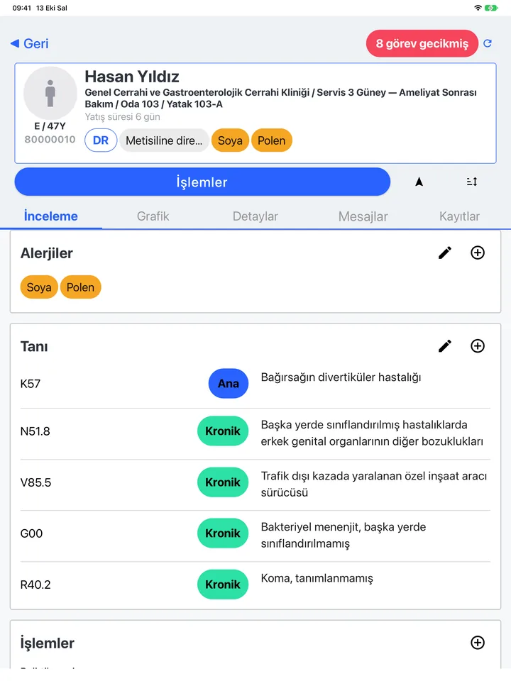 Hasta kaydı: alerjiler, tanılar, işlemler