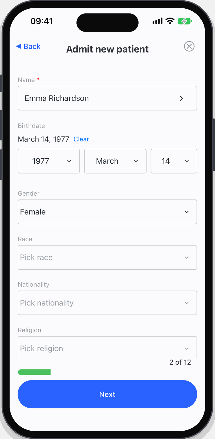 Admitting a new patient in Pulsonics: name, birthdate, gender, nationality and religion, on step two of twelve