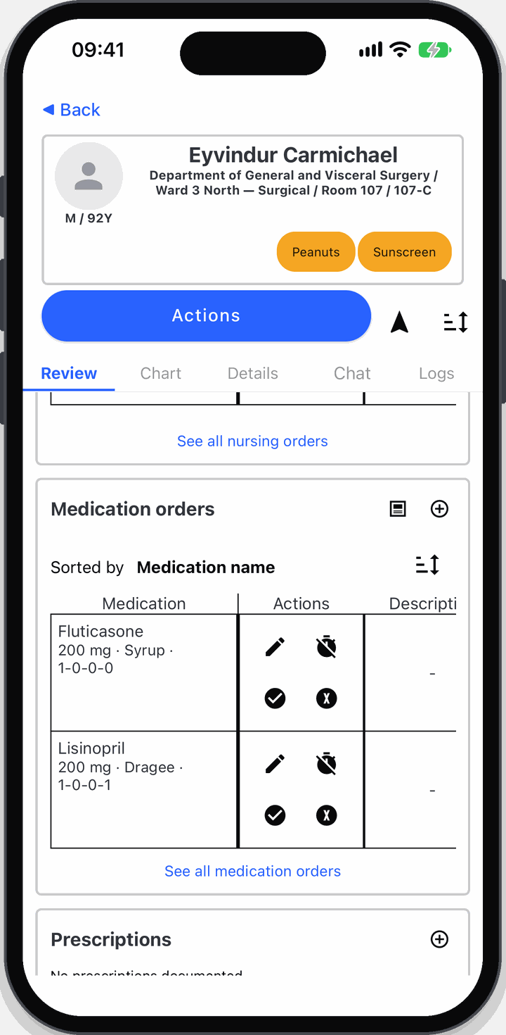 Nursing and medication orders on the Pulsonics review tab, with dose, form and administration schedule