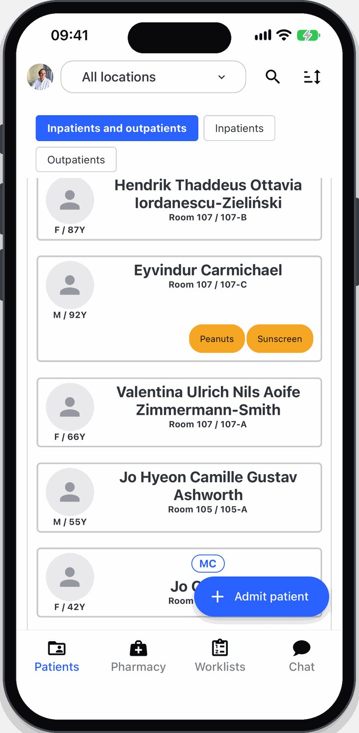 The Pulsonics patient list filtered across all locations, each patient showing room and bed