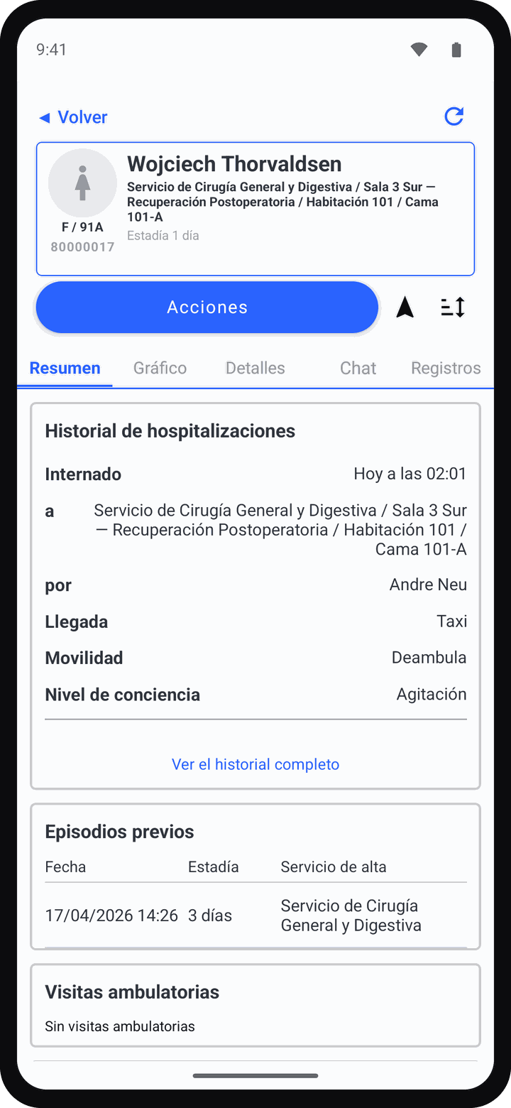 Pulsonics en un celular: la pantalla de resumen de un paciente