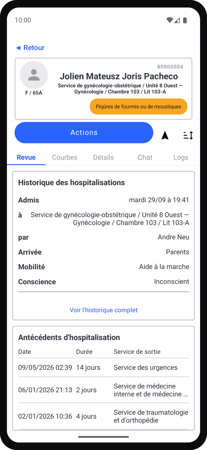 Pulsonics sur un téléphone : l'écran de synthèse d'un patient