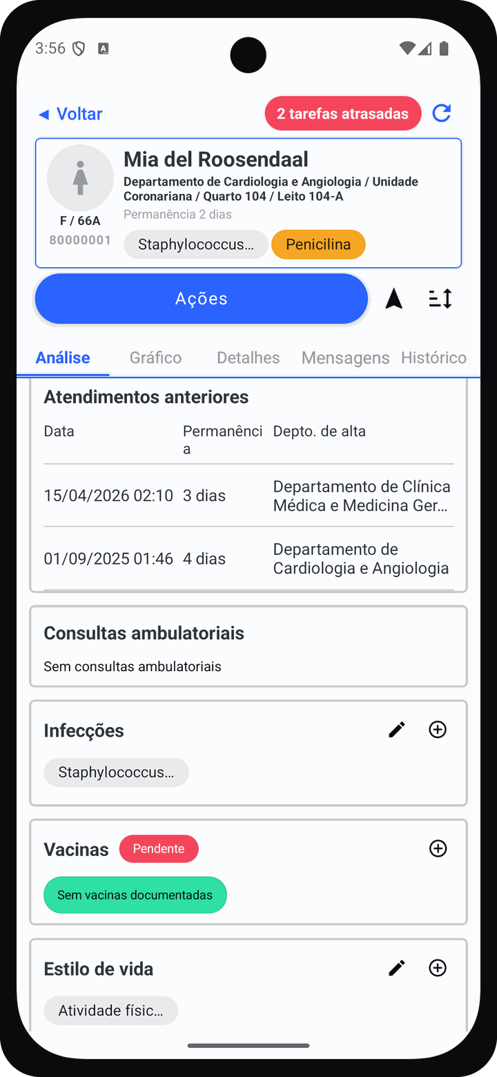 Pulsonics no celular: a tela de resumo de um paciente