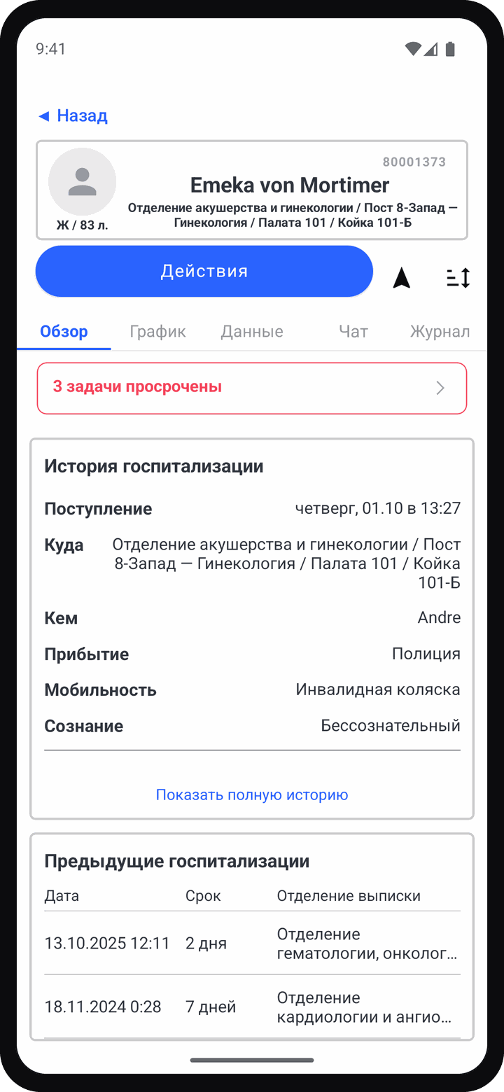 Pulsonics на телефоне: сводный экран пациента