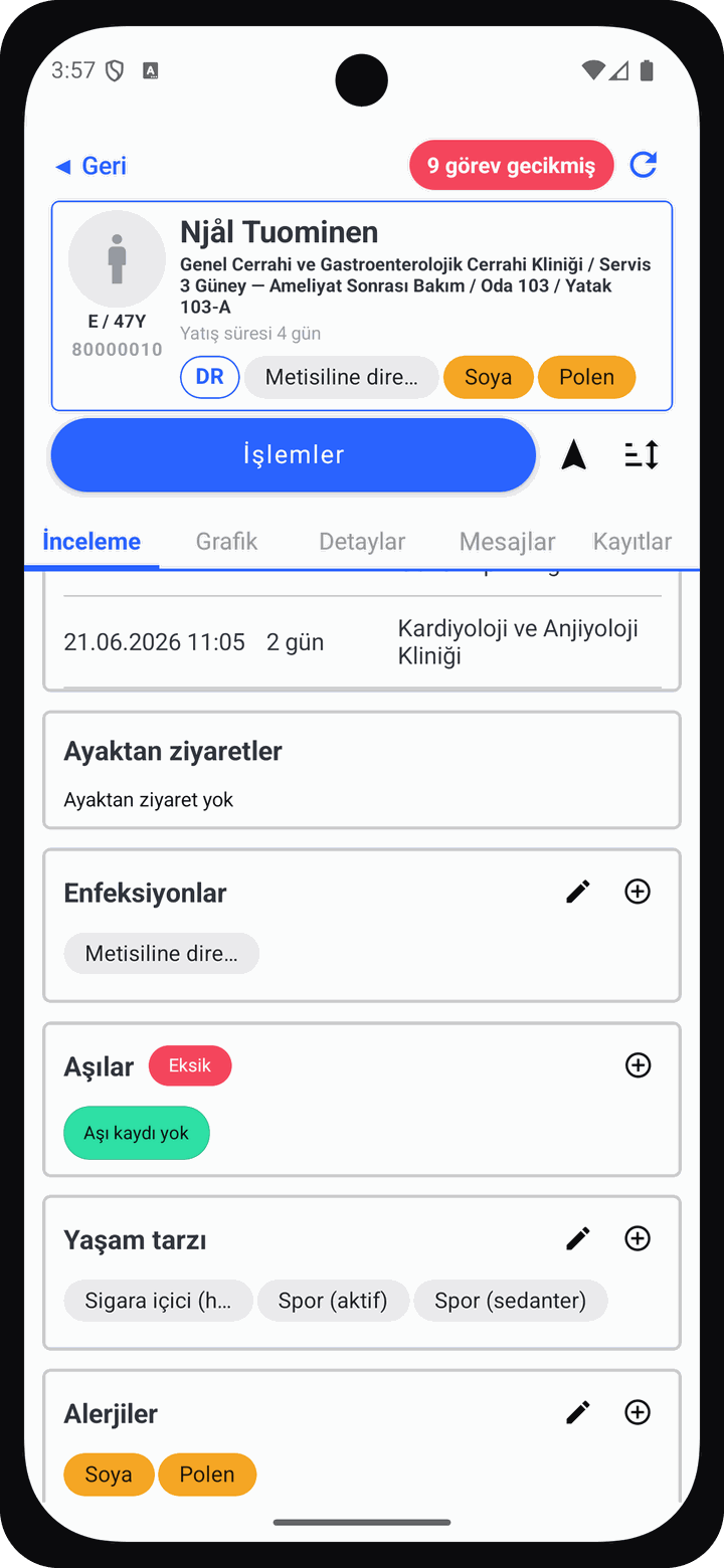 Telefonda Pulsonics: bir hastanın özet ekranı
