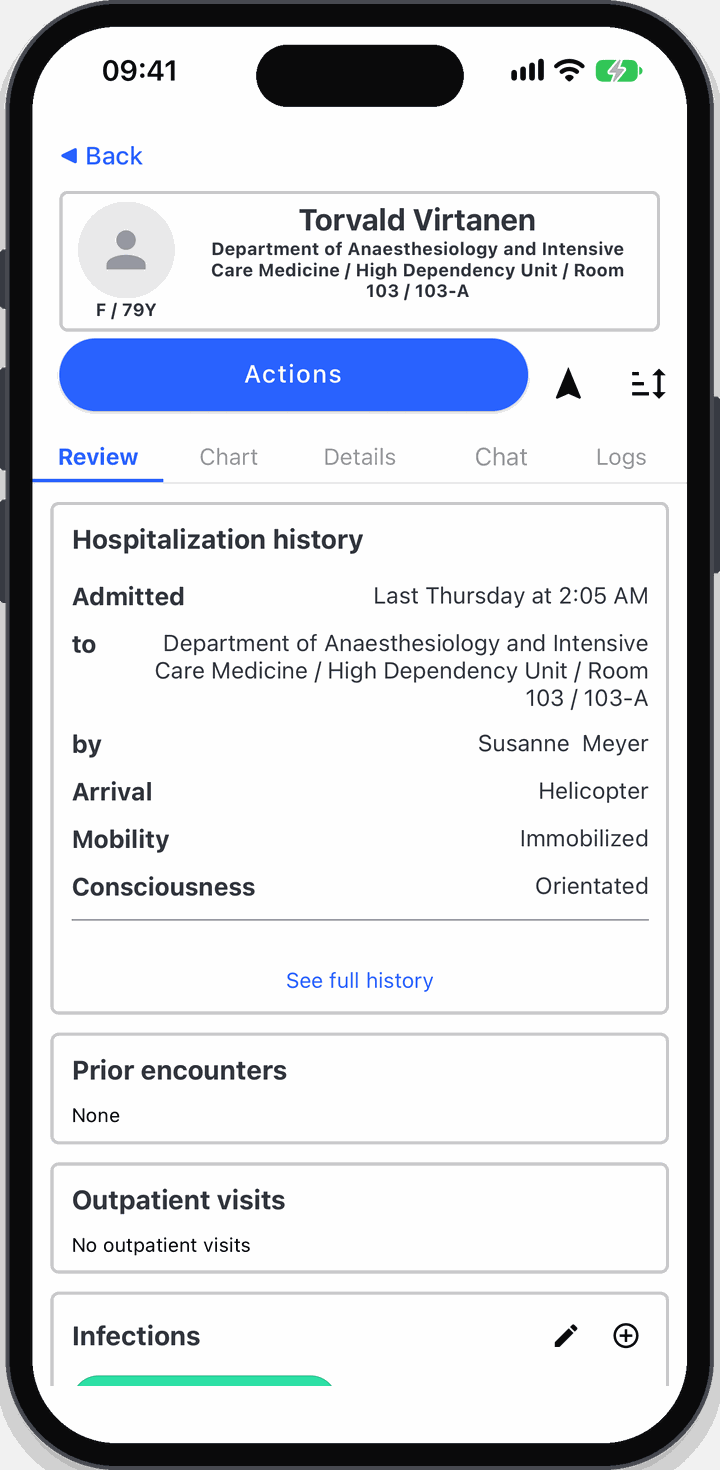 The Pulsonics patient review screen: hospitalisation history, prior encounters, outpatient visits and infections