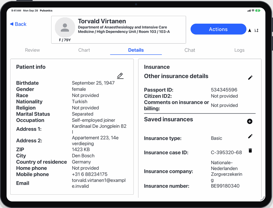 The Pulsonics patient details tab on a tablet, showing demographics alongside insurance records