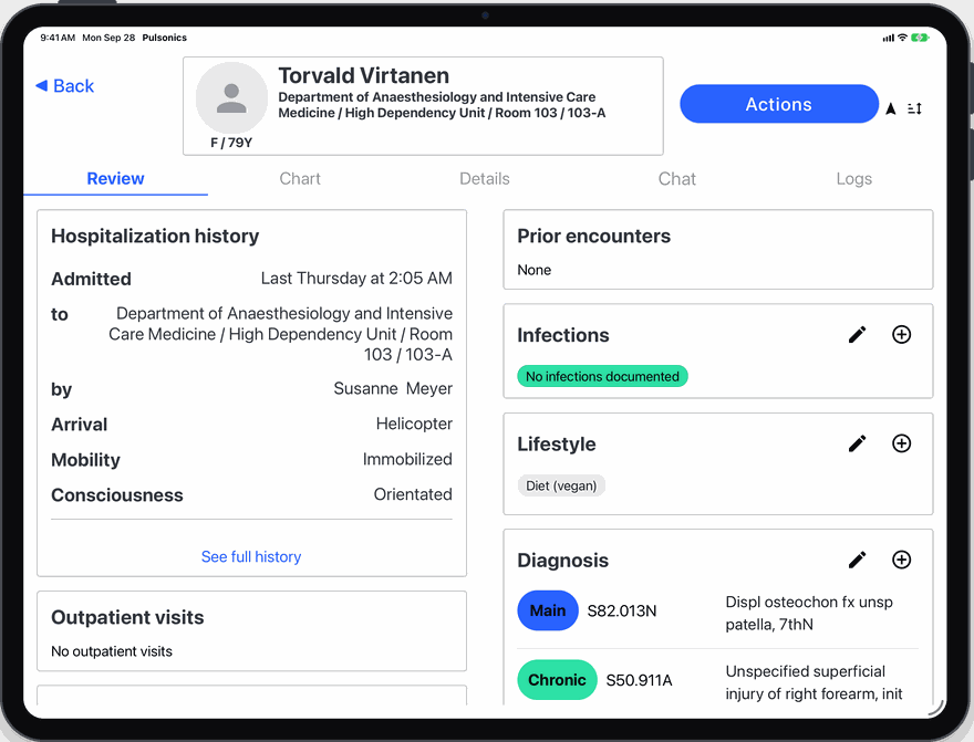 Pulsonics on an iPad, showing a patient's review screen in two columns
