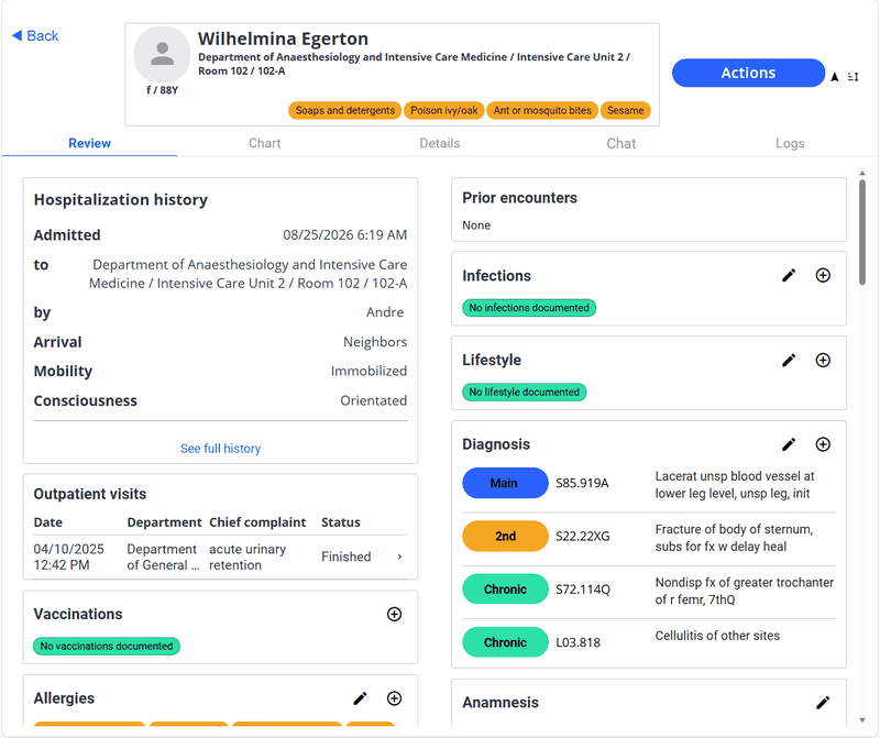 Pulsonics running in a web browser at emr.pulsonics-emr.com, showing a patient's review screen in two columns